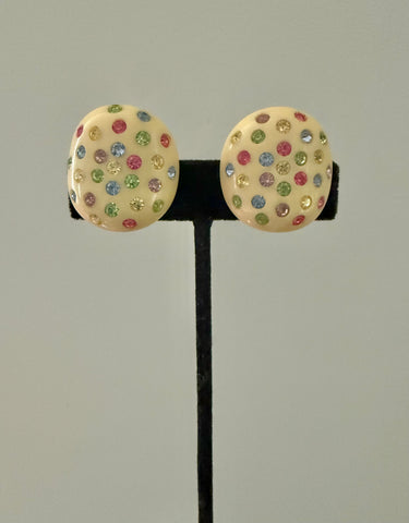 Cream Lucite & Pastel Rhinestone Clip On Earrings