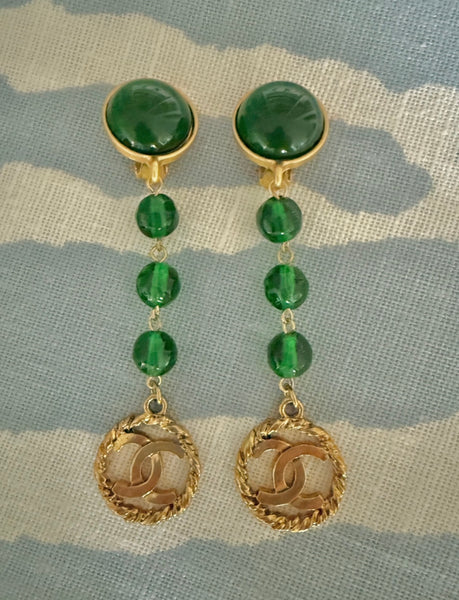Chanel Green Gripoix Dangle Clip On Earrings