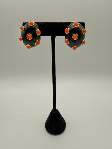 Replica Italy Black & Coral Cabochon Clip On Earrings