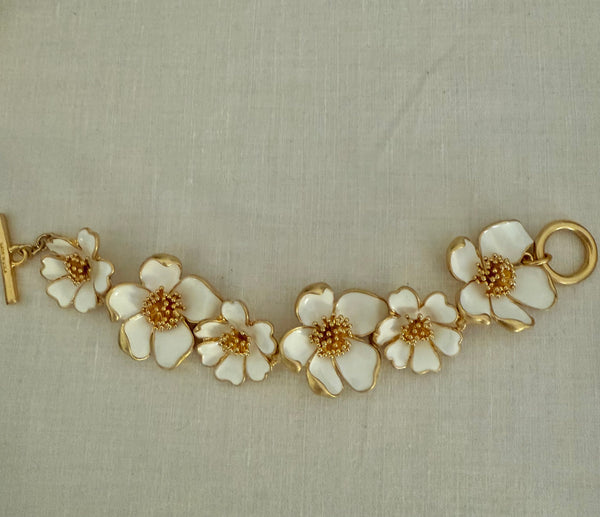 Oscar de la Renta White Enamel Flower Bracelet