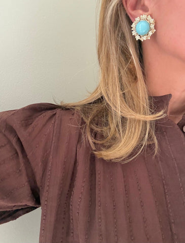 Contemporary Turquoise Lucite & Rhinestone Clip On Earrings