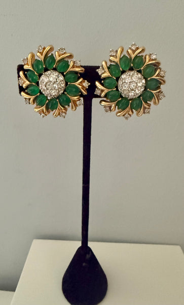 Jomaz Green Glass Cabochon & Rhinestone Flower Clip On Earrings