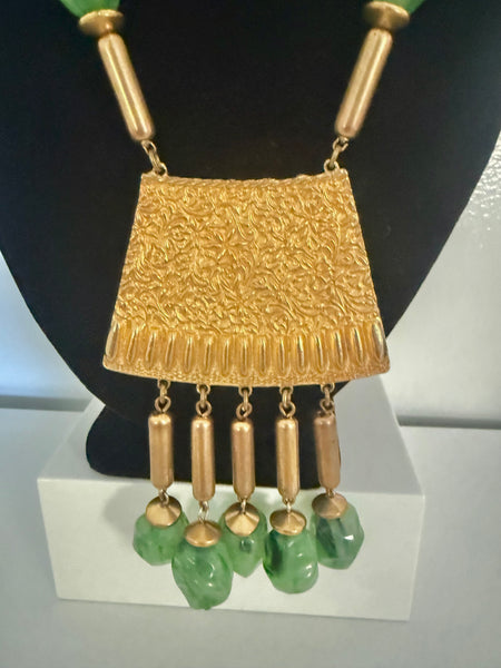 Green Lucite Beaded Etruscan Necklace