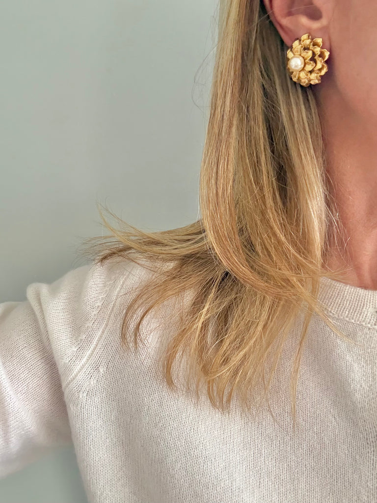 Monet Gold Flower Clip On Earrings with Pearl