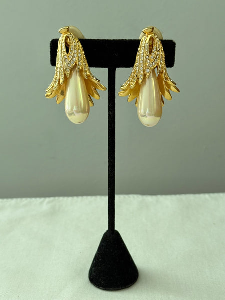 Jomaz Pearl and Rhinestone Clip On Earrings