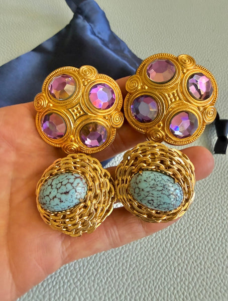 French Mesh Turquoise Clip On Earrings