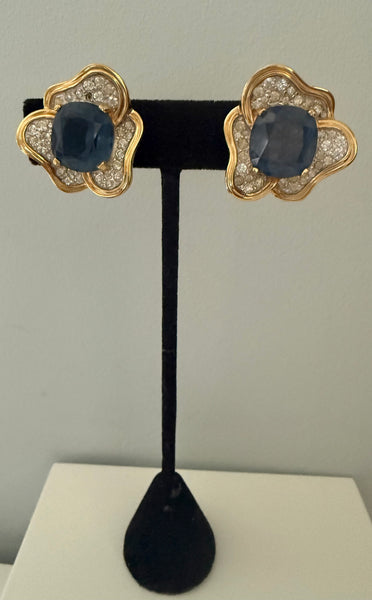 Jomaz Glass Sapphire & Rhinestone Flower Clip On Earrings