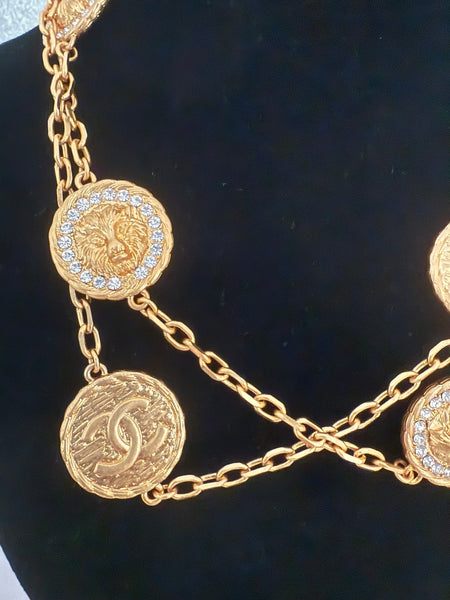 Chanel Double Sided Necklace - Lion Face with Rhinestones and CC Logo Disks