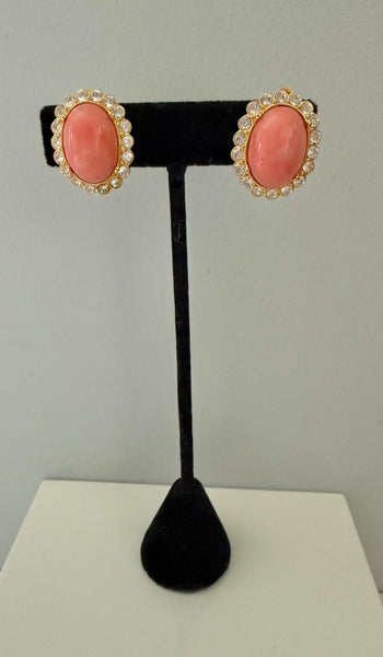 Coral & Rhinestone Cabochon Clip On Earrings
