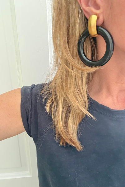 Kenneth Jay Lane Large Black & Matte Gold Clip On Earrings