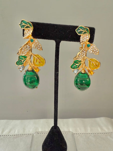 Green Glass Leaf Post Earrings