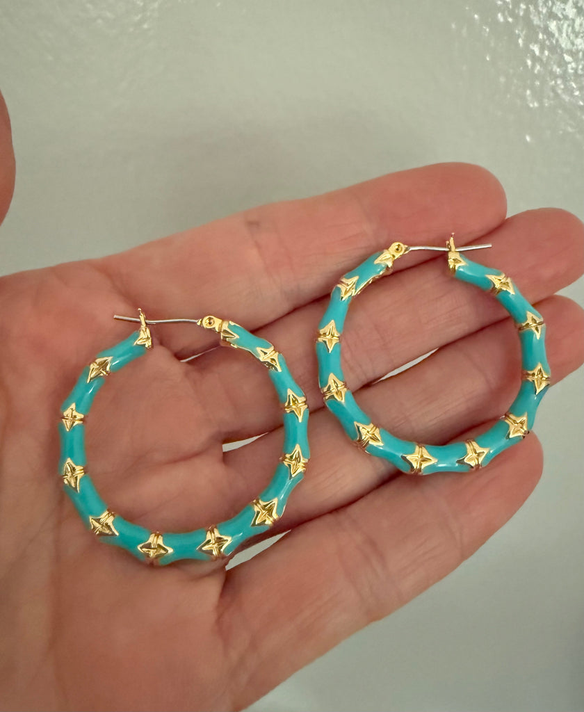 Kenneth Jay Lane Turquoise Enamel Bamboo Hoop Earrings