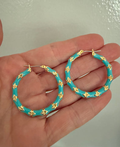 Kenneth Jay Lane Turquoise Enamel Bamboo Hoop Earrings