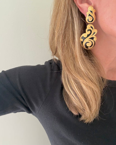 Christian Dior Black Enamel & Gold Swirl Dangle Earrings