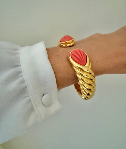 Kenneth Jay Lane Carved Lucite Coral Clamper Bracelet