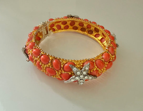 Coral Cabochon & Rhinestone Starfish Bracelet