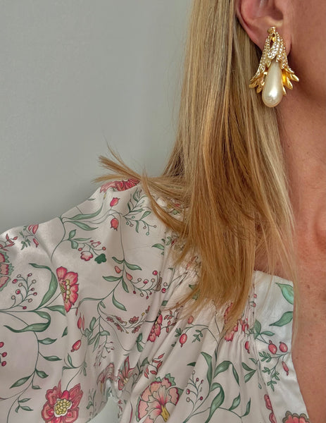 Jomaz Pearl and Rhinestone Clip On Earrings
