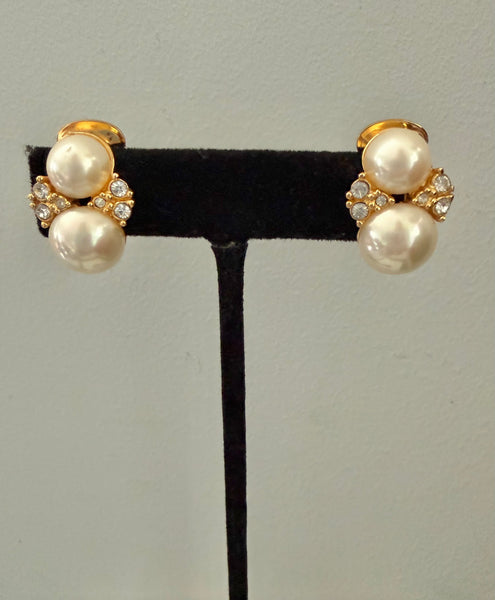Dior Pearl Clip On Earrings with Rhinestone Accents