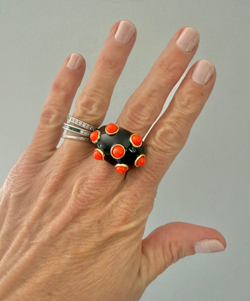 Replica Italy Black & Coral Cabochon Ring Size 8.5