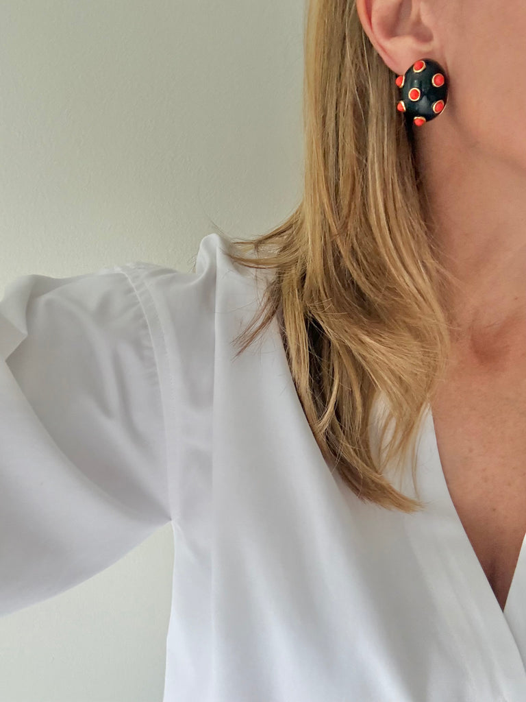 Replica Italy Black & Coral Cabochon Clip On Earrings
