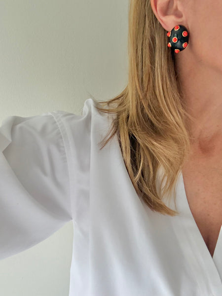 Replica Italy Black & Coral Cabochon Clip On Earrings