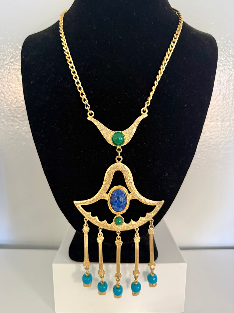Egyptian Revival Necklace with Blue and Green Cabochons