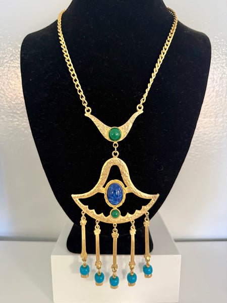 Egyptian Revival Necklace with Blue and Green Cabochons