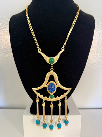Egyptian Revival Necklace with Blue and Green Cabochons