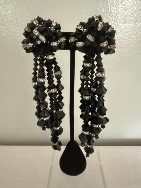 Weiss Extra Long Black Crystal Clip On Earrings