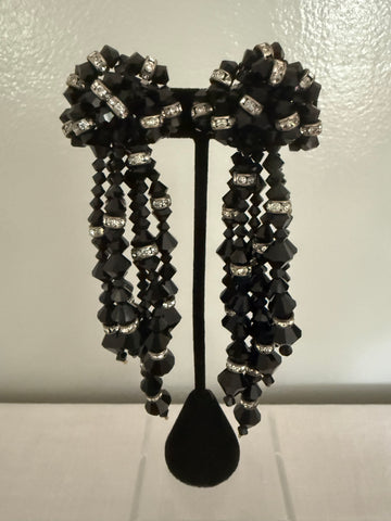 Weiss Extra Long Black Crystal Clip On Earrings