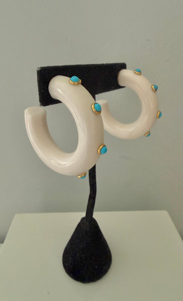 White Lucite Hoop Post Earrings with Turquoise Cabochons