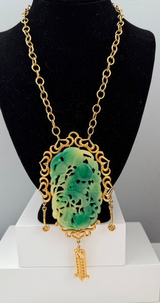 Vendome Green Carved Resin Asian Pendant Necklace