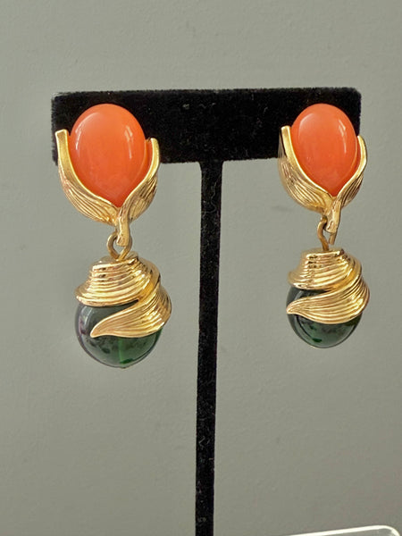Givenchy Gold Leaf Coral and Green Clip On Earrings
