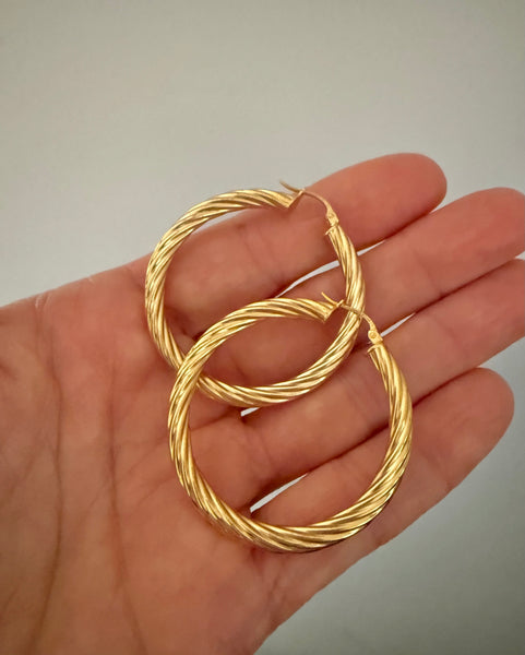 Gold Over Sterling Twisted Hoop Earrings 1.5”
