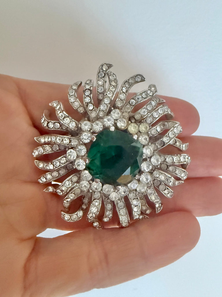 Faux Emerald & Rhinestone Brooch