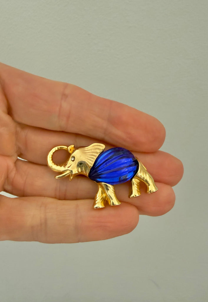 Petite Carved Blue Resin Elephant Brooch