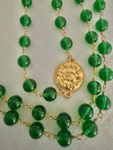 Chanel Green Gripoix Bead Necklace with Single Chanel Charm