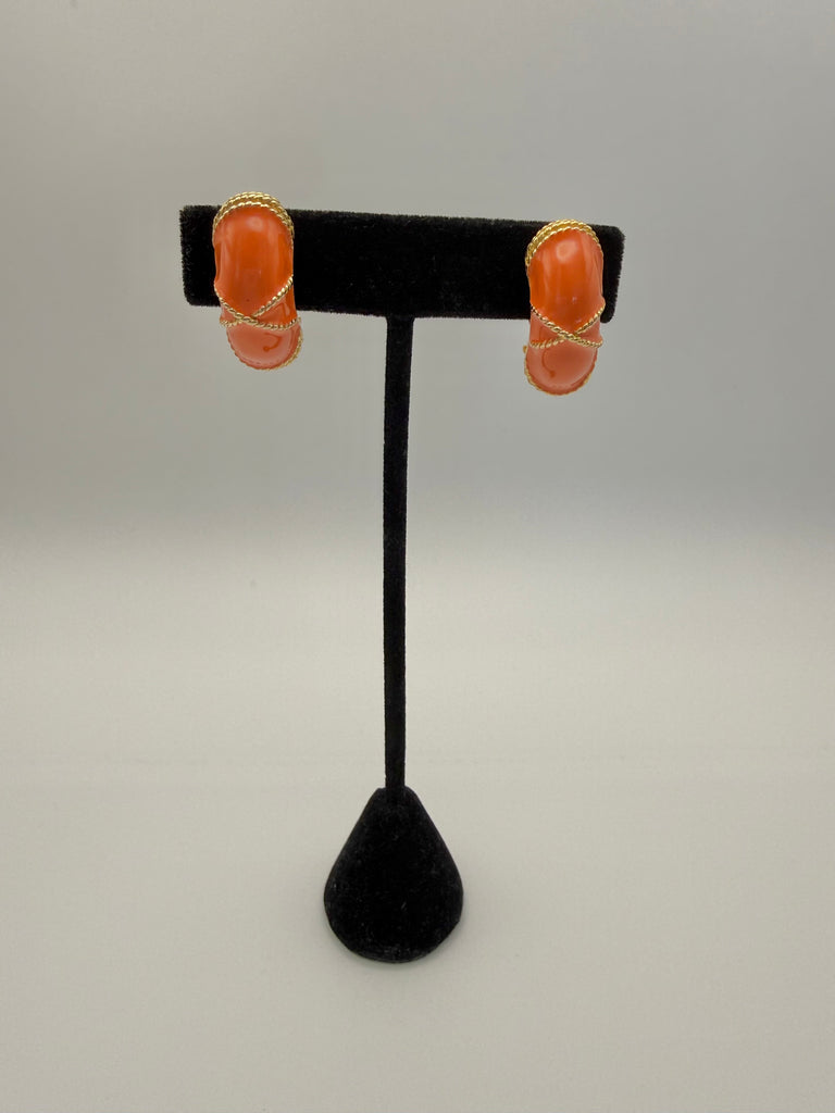 Coral Enamel Hoop Clip On Earrings