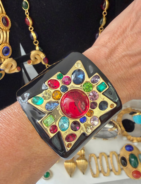 Kenneth Jay Lane Black Enamel Maltese Cabochon Cuff Bracelet