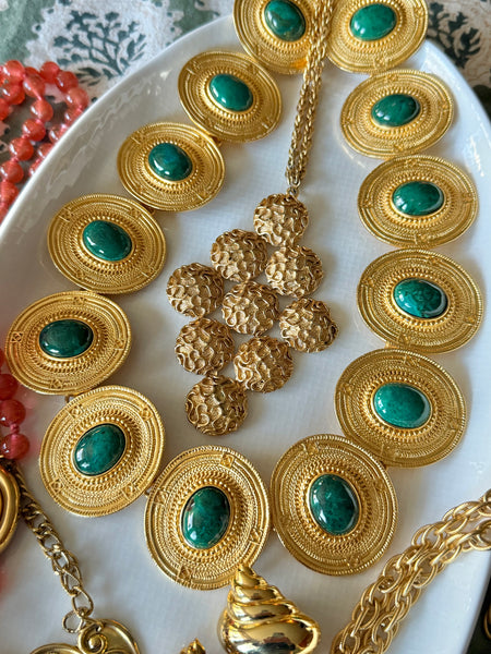Gold Plated Disk Necklace with Green Stones