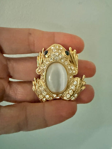 Unsigned Rhinestone Frog Brooch with Glass Cabochon