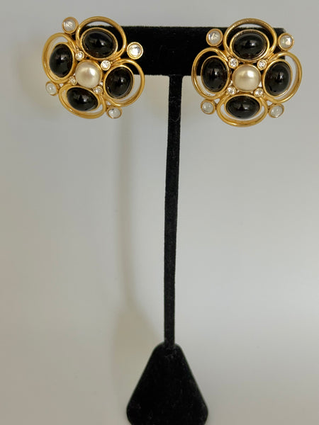 Black and Pearl Clip On Earrings