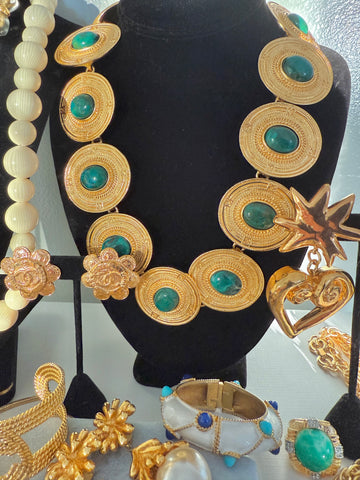 Gold Plated Disk Necklace with Green Stones