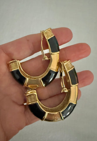 Givenchy Large Black Enamel & Gold Bamboo Hoop Clip On Earrings