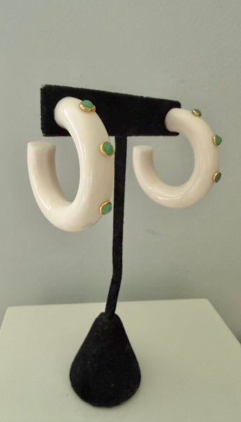 White Lucite Post Hoop Earrings with Light Green Cabochons
