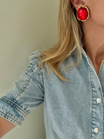 YSL Red Glass Round Clip On Earrings