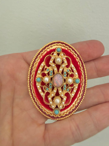 Art Red Velvet Brooch with Opal, Turquoise and Pearls