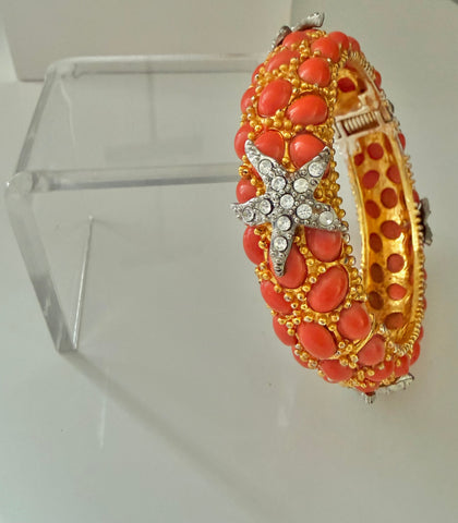 Coral Cabochon & Rhinestone Starfish Bracelet