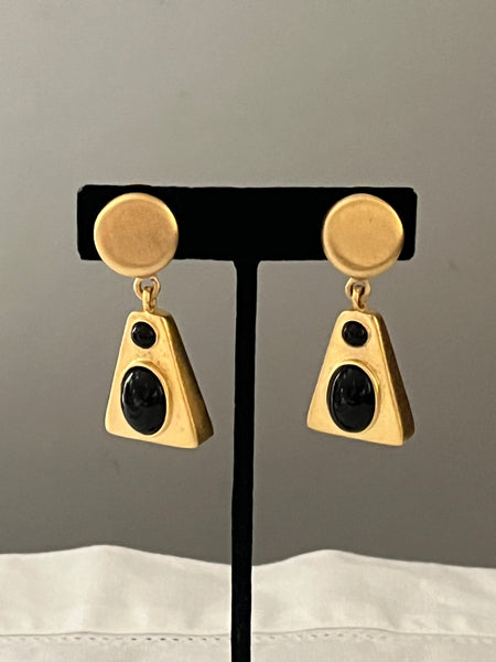 Matte Gold & Black Cabochon Clip On Earrings