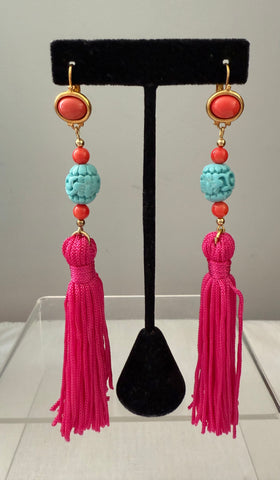 Kenneth Jay Lane Hot Pink Silk Tassel Earrings with Turquoise & Coral for Pierced Ears